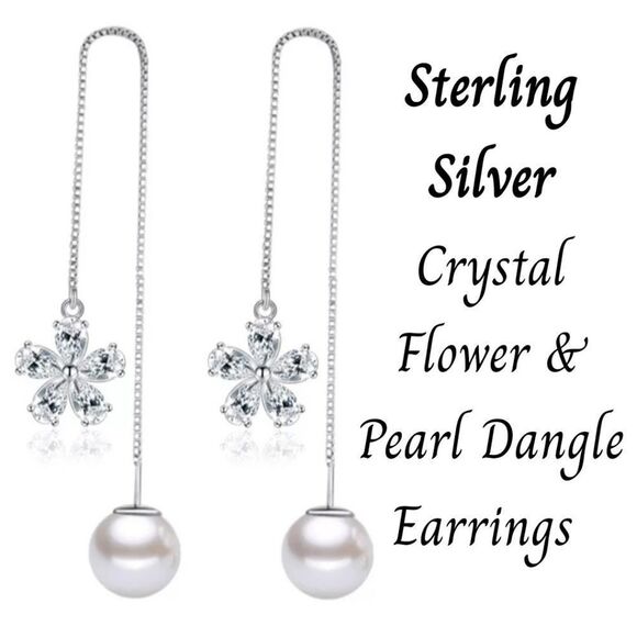 Sterling Silver Long Crystal Flower Pearl Dangle Earrings NEW - Picture 2 of 3